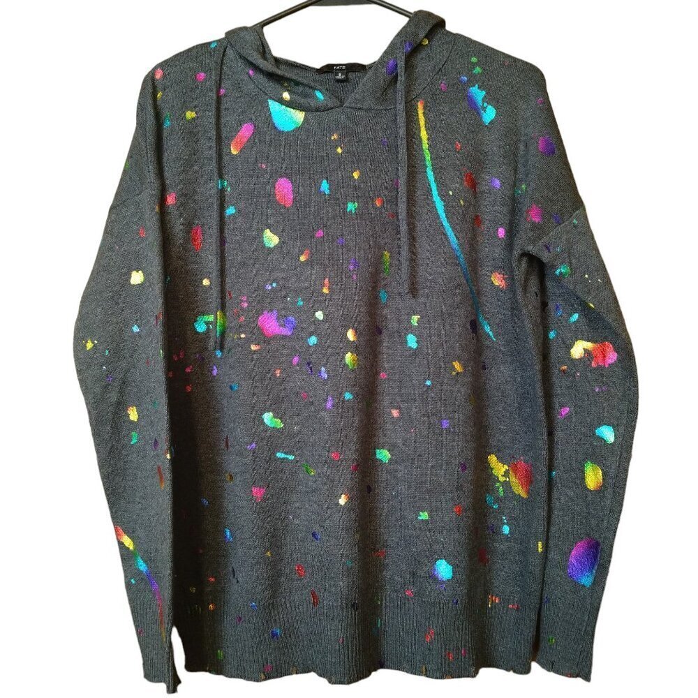 Fate Gray Long Sleeve Splatter Paint Look Glitter Pullover Hoodie Size Small